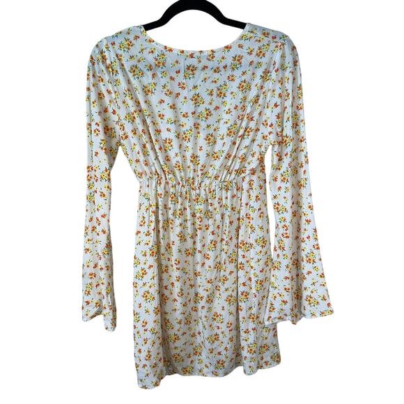Velvet Torch New Women's Floral V Neck Bell Sleeve Mini Dress White Yellow Small - Picture 3 of 8
